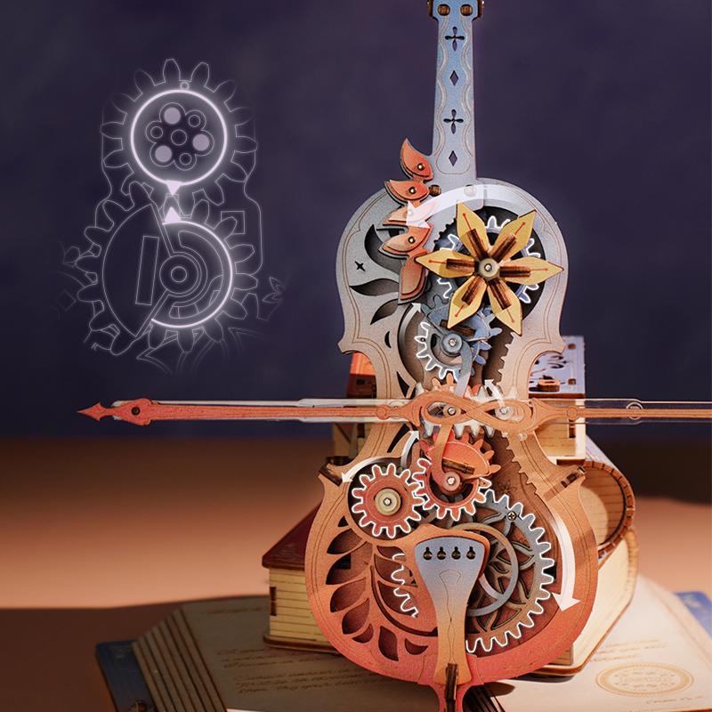 Robotime Magic Cello Adults 3D Puzzles Wooden Music Box Puzzle To Build Unique Music Gift Hobby Kits Cat's Sky City Music Box