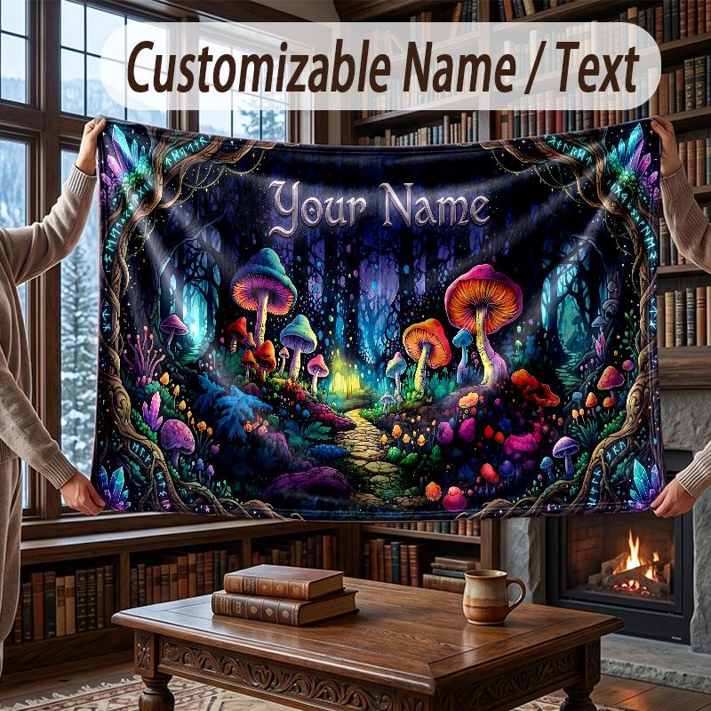 Mushroom Forest Theme Throw Blanket Custom Name Text Personalized Blanket Soft Cozy Blanket for Home Sofa Bed