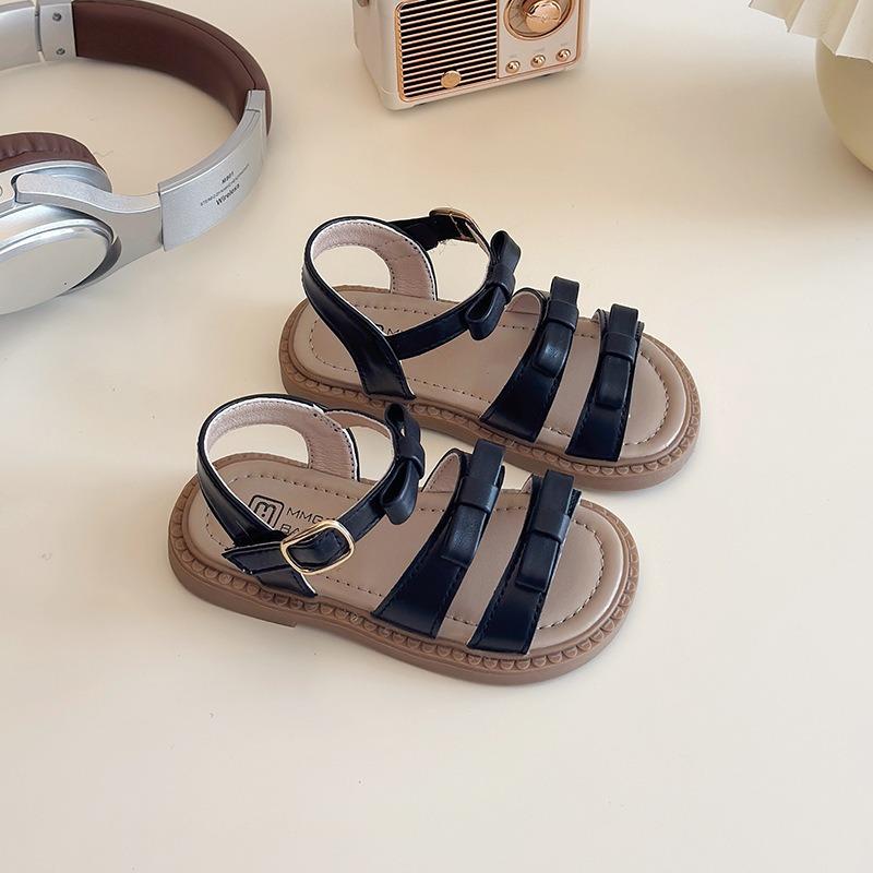 New summer bowknot open-toe hook & loop soft sole sandals for girls 21 чёрный