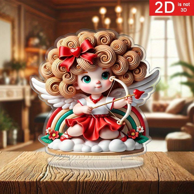 2D Flat Bohemian Grids Heart-Shaped Wings Angel Statue and Cupid s Arrow Acrylic Desk Decor Plaque, Suitable for wall decoration, porch, room, villa, 20*20cm