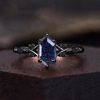 Anelli di Lusso Rombo Cristallo Blu per Donne Retro Nero Irregolare Anello di Fidanzamento Gioielli Regali per Feste