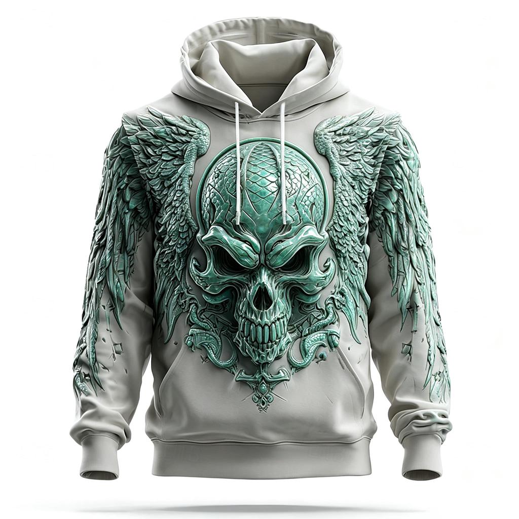 Men's Winged Wolf Skull 3D Effect Full Print Hoodie Halloween Gothic Long Sleeve Pullover Sweatshirt For Streetwear