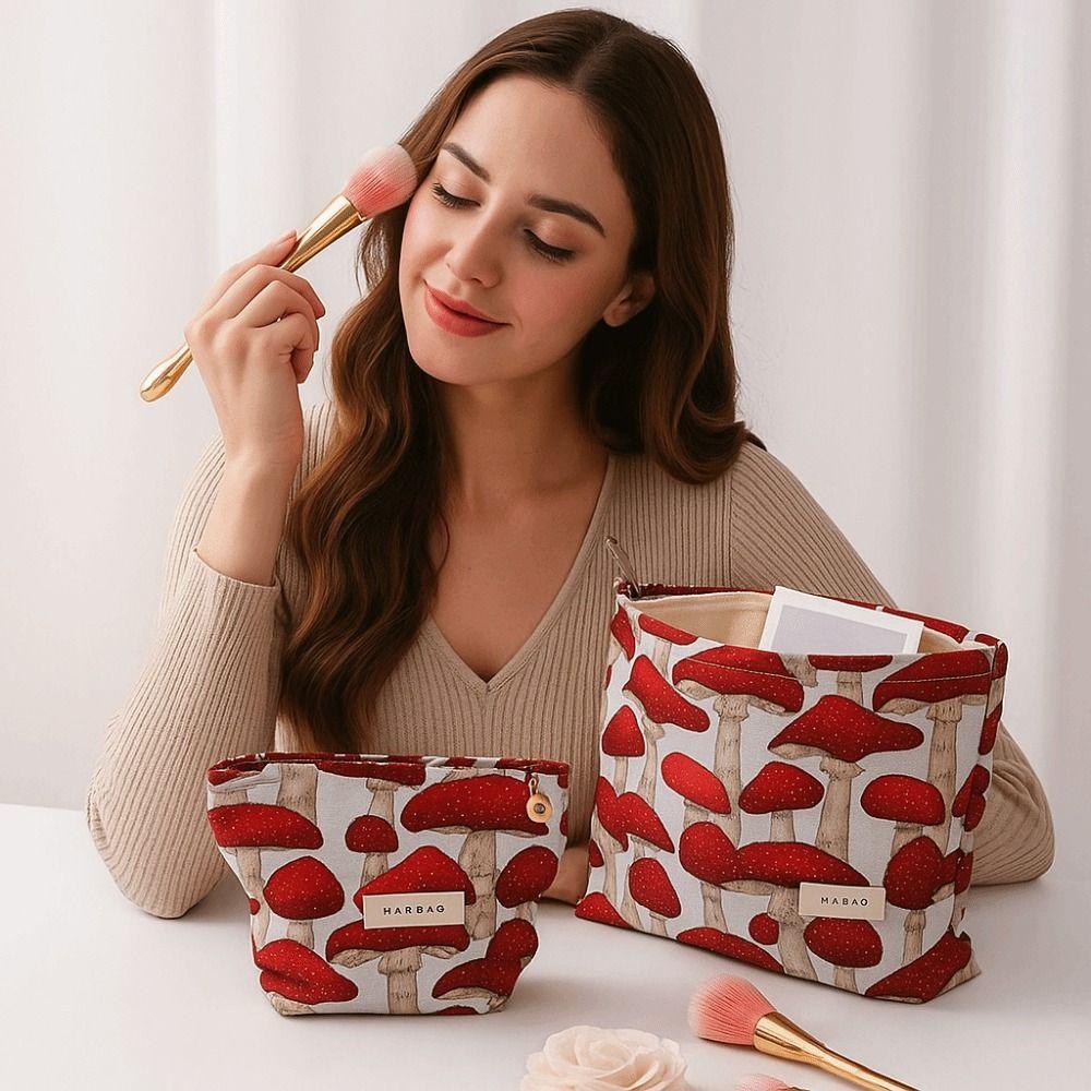 Simplicity Canvas Makeup Bag M/L Size Washing Coin Key Purse Red Mushroom Printing Storage Bag Skin Care Products Storage