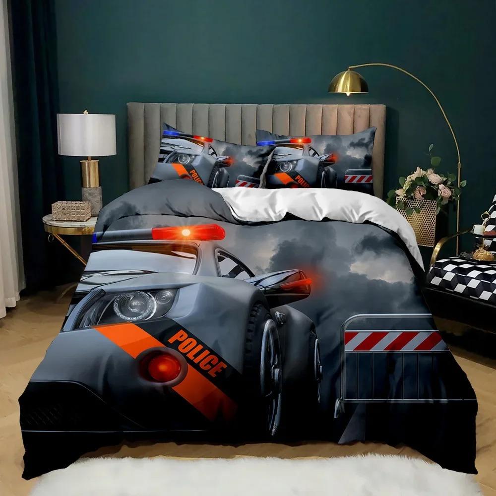 Police Duvet Cover Automotive Black Policeman Automotive Twin Bedding Set Cartoon Vehicle Comforter Cover Red Cop Lights Polyester Quilt Cover