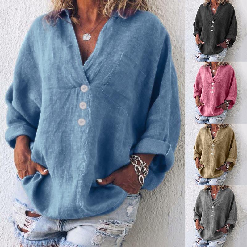 

Women s Casual Loose V-Neck Button-Down Shirt with Chest Pocket, Roll-Up Sleeves, Available in Multiple Colors S червоний