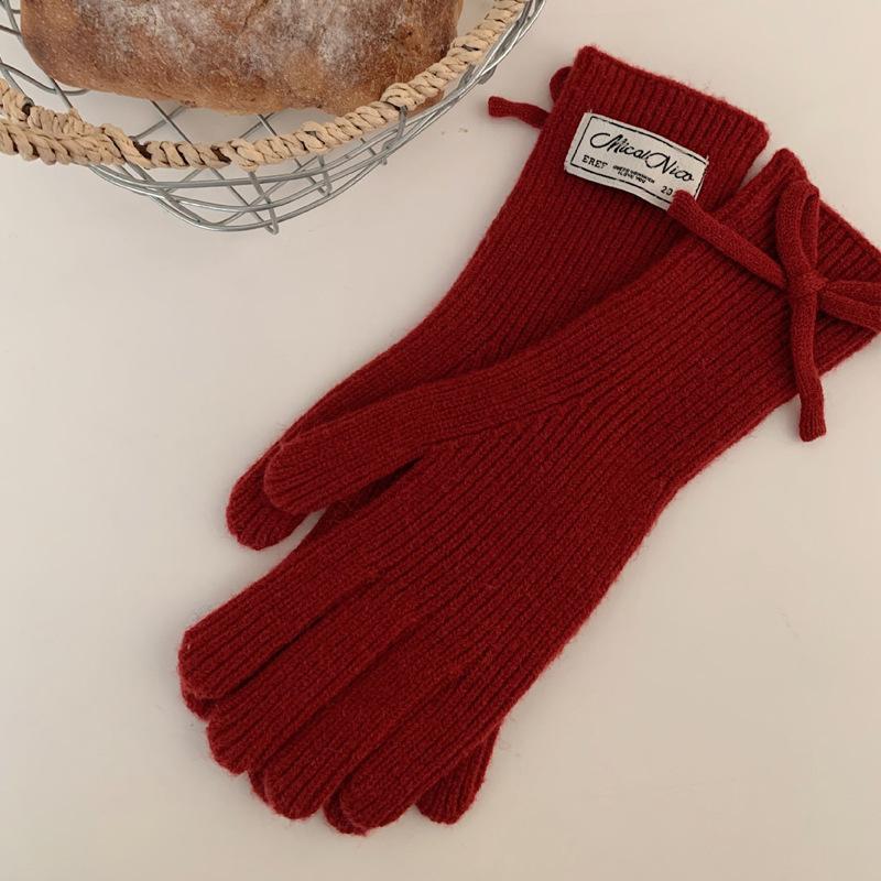 Bow Knitted Gloves Autumn and Winter Riding Can Touch the Screen To Keep Warm, Solid Color Adult Versatile Women's New Multi-color