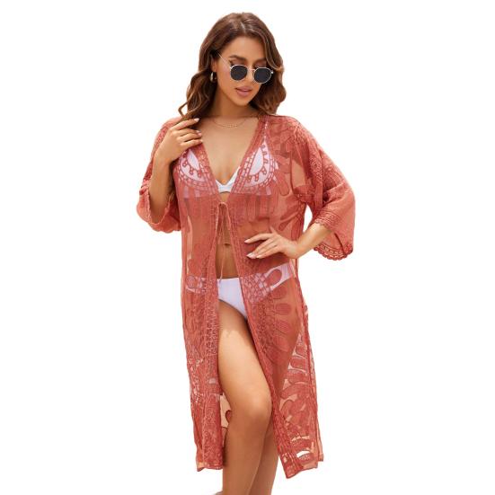 Beach Cardigan Embroidery Floral Lace Design Lightweight Summer Crochet See-through Sun Protection Beach Bikini Cover-Up