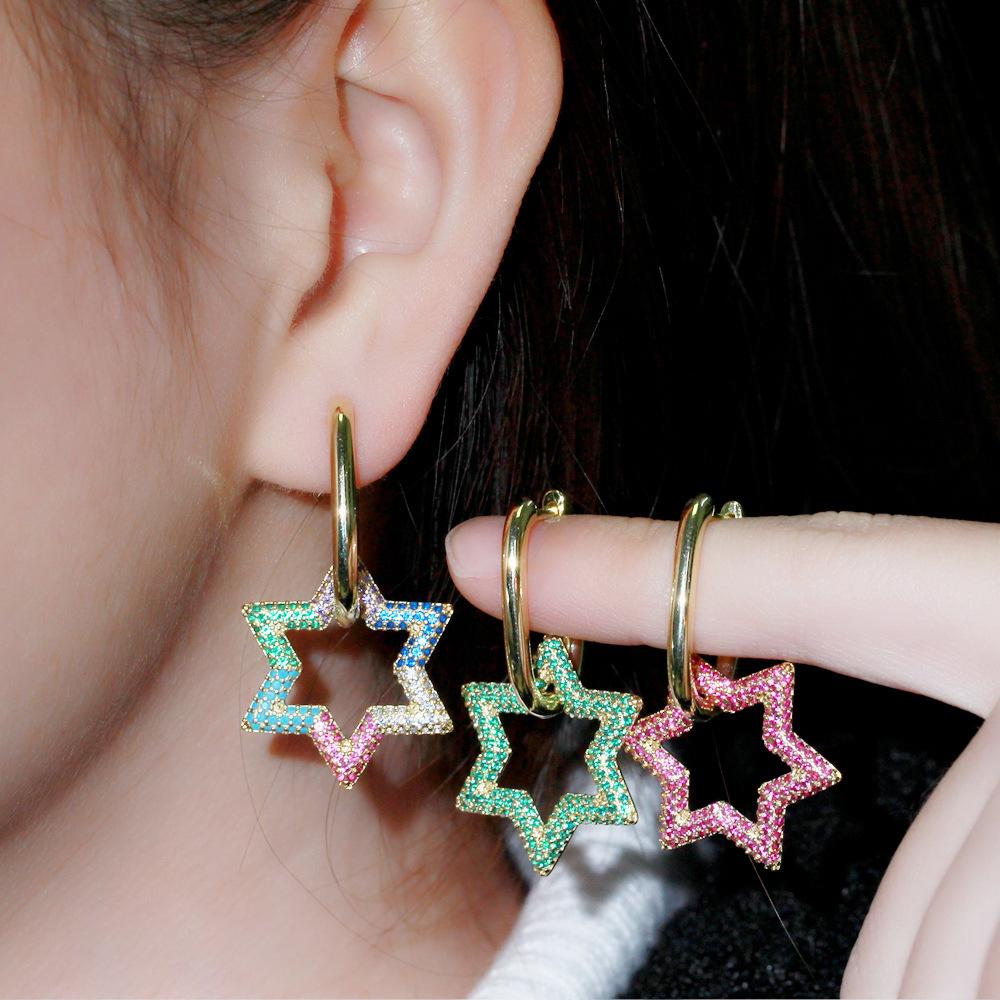 Hip Hop Ladies Heart Earrings Color Zircon Creative Pentagram Ear Buckle Earrings
