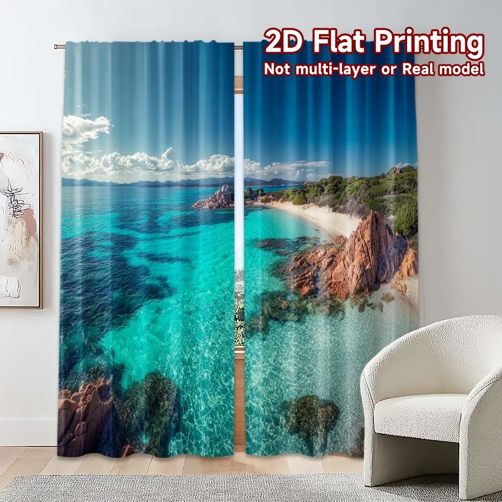 Set Of 2 Flat Printing Curtains Without Rod Azure Coast Creative Popular Versatile Polyester Fabric All Made