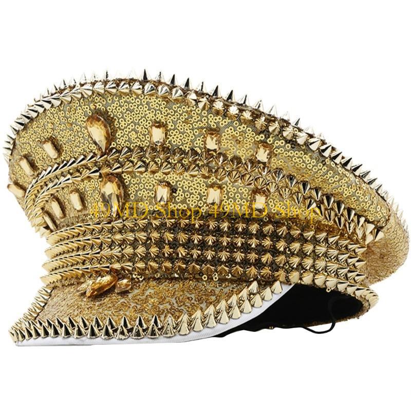 49MD Cool Disco Hat Glinting Crystal Rivets Captain Hat for Carnivals Music Festival