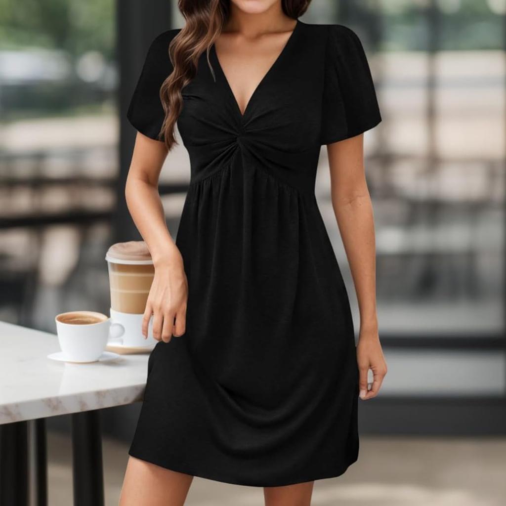 Women's Fashion Casual Dress V-neck Short Sleeve Kink -Color Dress