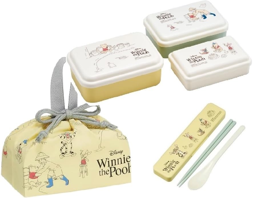 Skater Winnie the Pooh Cafe Antibacterial Nesting Fluffy Seal Containers 230ml Rectangular Bento Box Combination Set and Lunch Drawstring Bag (3-Piece
