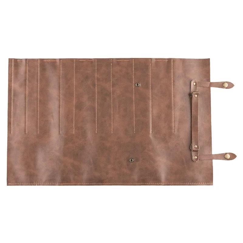 Leather Chef Knife Bag Portable Two-Layer Cowhide Knives Storage Roll Bag Kitchen Camping Cooking Knife Carry Case Pockets Pouch