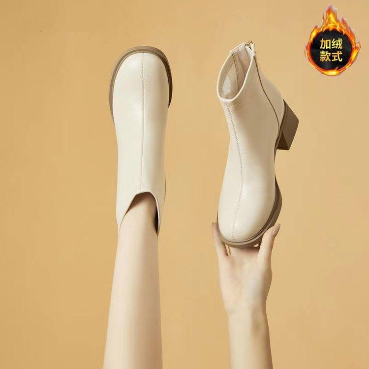 Medium Heel Velvet Small Short Boots Women's Shoes 2025 Autumn and Winter New Single Boots French White Thin Boots Thick Heel Martin Boots