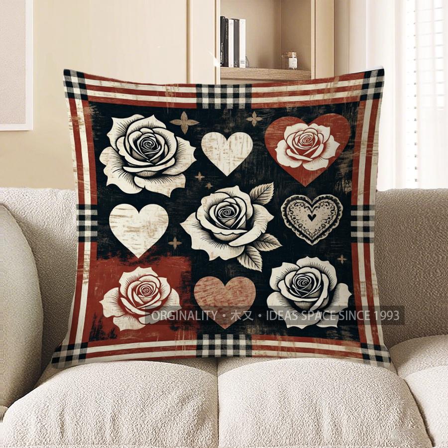 2D Roses & Hearts Decorative Digital Print Pillow Covers Pattern Cushion Cover Suitable For Sofa Bedroom Car Pillow Cover
