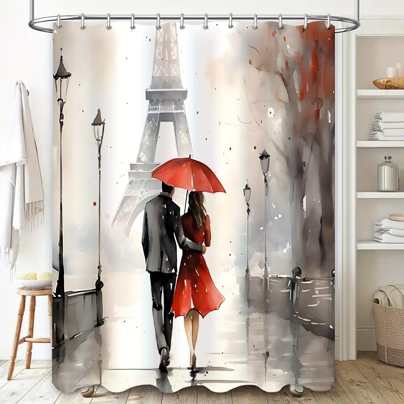 Romantic Paris Eiffel Tower Couple Under Red Umbrella Waterproof Shower Curtain For Bathroom Decor Waterproof Polyester