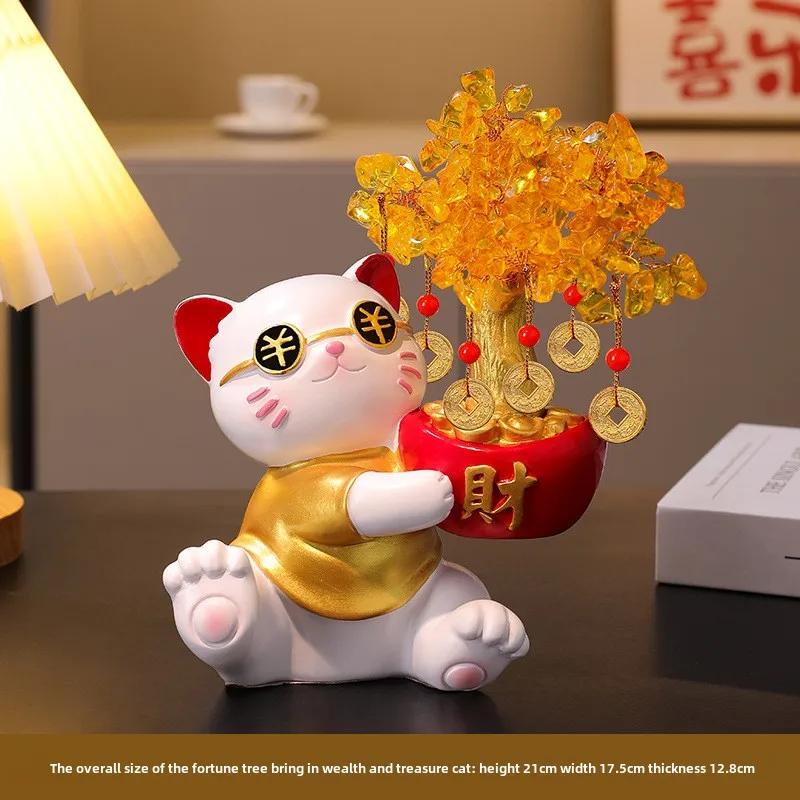 Fortune Cat Crystal Fortune Tree Decoration Gift for High End New House Relocation Gift