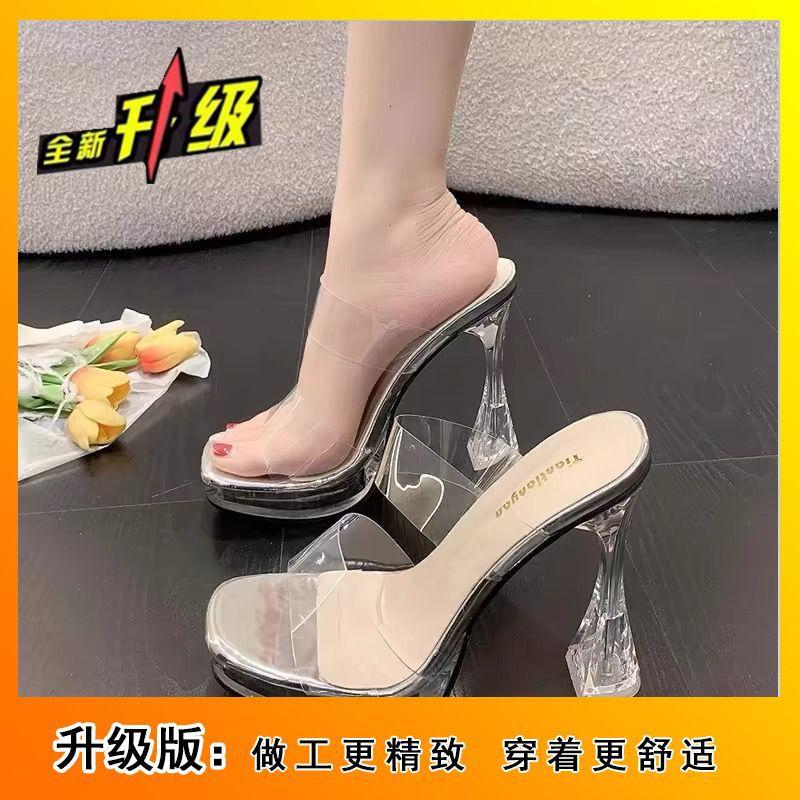 2025 Summer New Super High Heel Sandals Women's Transparent Word with Cool Slippers Crystal Heel Thick Heel Model Car Show Catwalk
