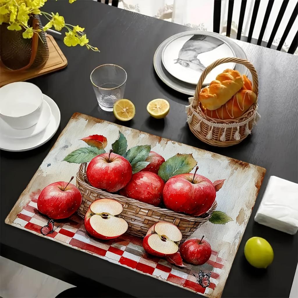 4pcs Apple-Themed Placemat Set - & Green Apple Design Linen Table Mats, 12x18 Inch Large Dining Table Protectors Suitable for Kitchen, Dining Room