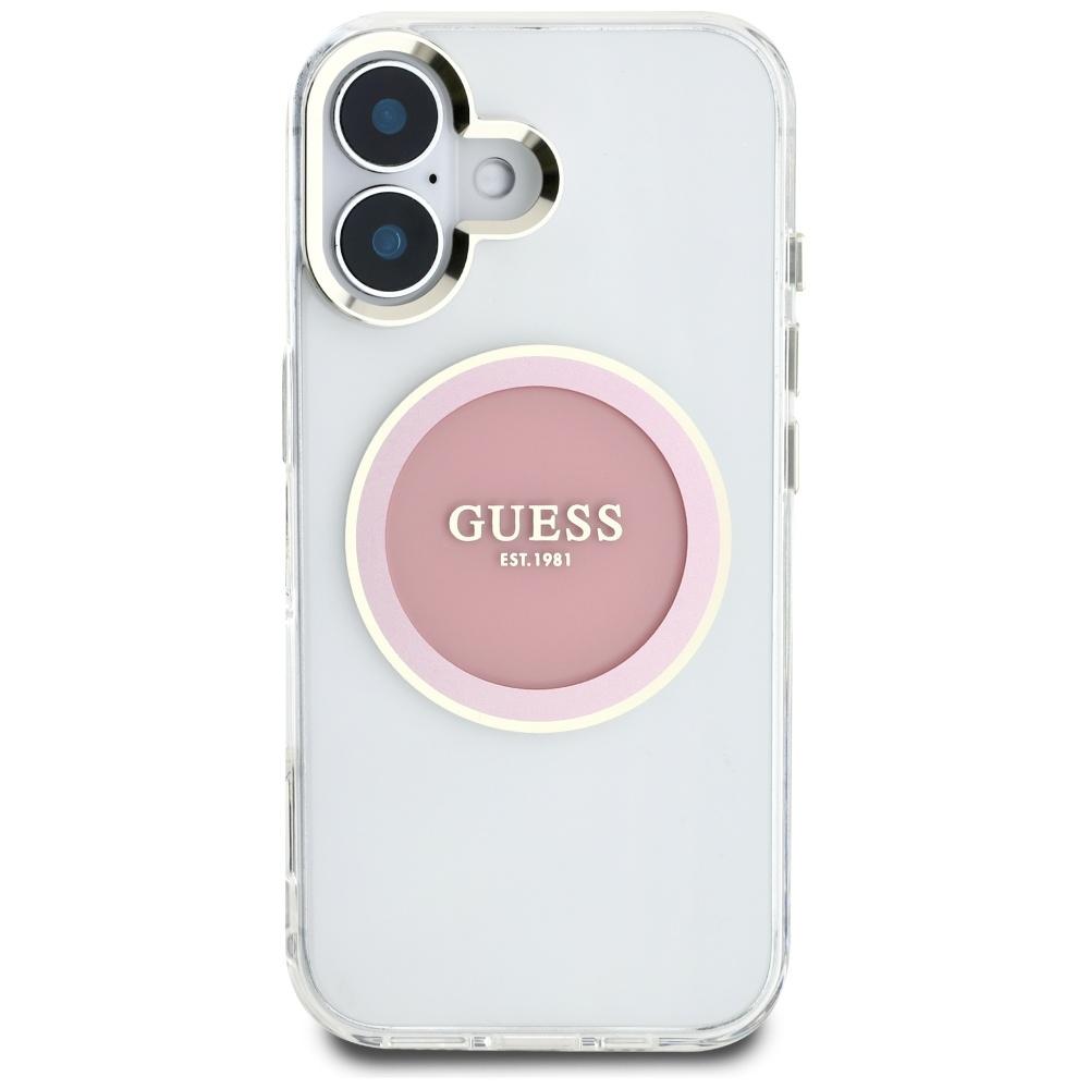 Guess IML Metal Colored Circle Classic Logo MagSafe case for iPhone 16 pink