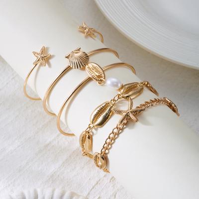 5 Pcs/Set Summer Gold Color Starfish Shell Bangles for Women Fashion Marine Elements Scallop Bangles Girls Beach Party Jewelry