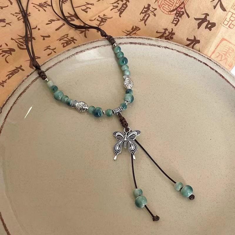 Vintage Ceramic Butterfly Pendant Necklaces for Women New Chinese Ethnic Style Long Adjustable Handmade Beaded Necklaces Zircon