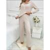 Damen Hausanzug Set Lässige Mode Rippstrick Gebürstet Langarm Kapuzen-Knopf-T-Shirt Hose