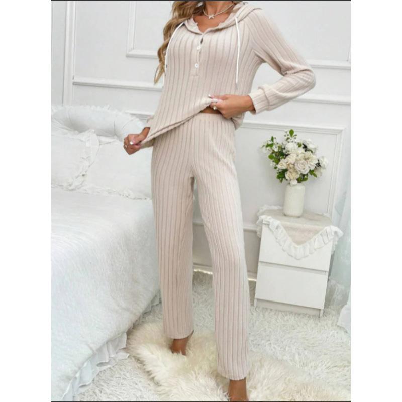 Damen Hausanzug Set Lässige Mode Rippstrick Gebürstet Langarm Kapuzen-Knopf-T-Shirt Hose