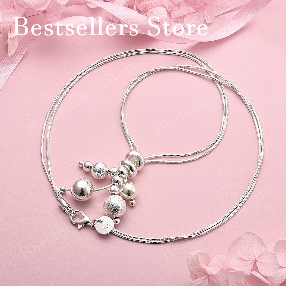 Elegant 925 Sterling Silver Exquisite Multi-Bead Pendant Snake Chain Necklace for Women Fashion Party Wedding Gift Jewelry