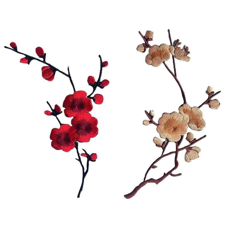 2Pcs Applique Patch DIY Plum Flower 17*8CM Iron Patches Clothing Embroidery For Dress Embroidered Appliques