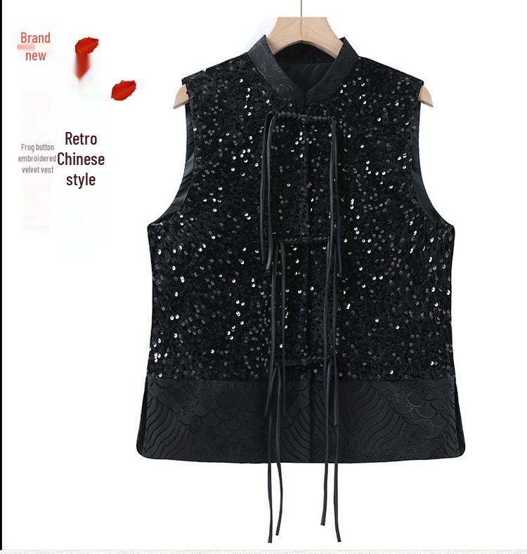 Retro Chinese Style Sequin Velvet Waistcoat with Frog Button