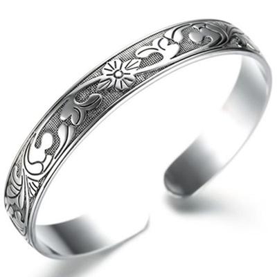 Brățară Deschisă Retro cu Model Etnic Lotus Negrit Brățară Clasică Miao pentru Femei Accesoriu Literar