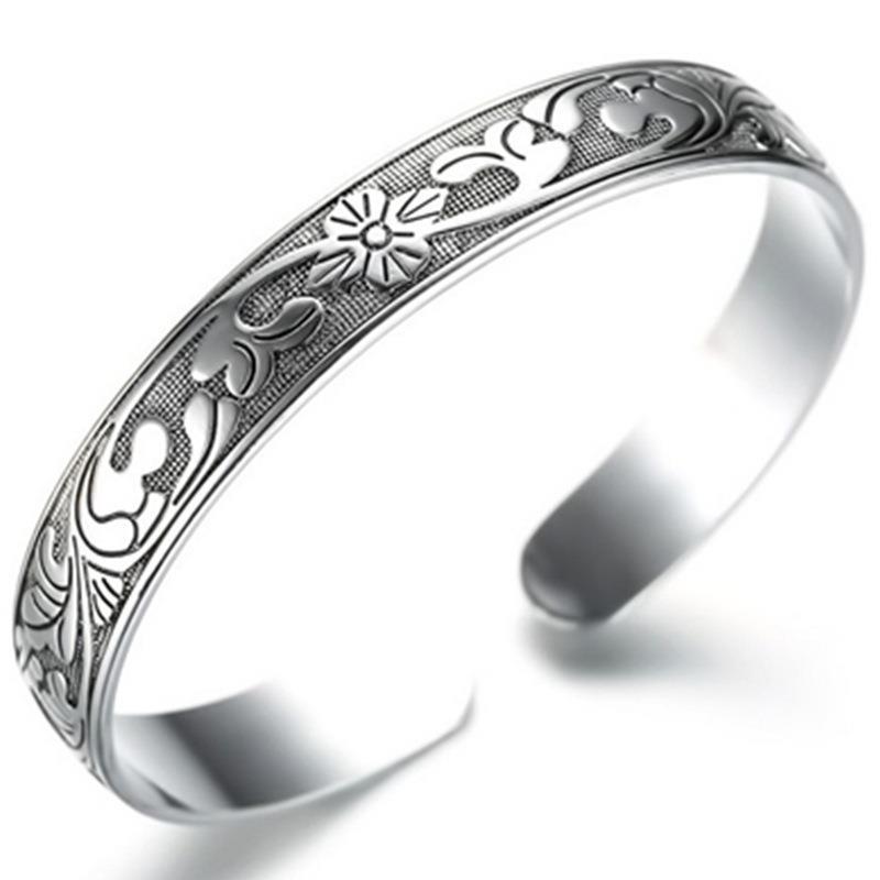 Retro Ethnic Lotus Pattern Blackened Open Bangle Classic Miao Fashion Women Bracelet Literary Accessory