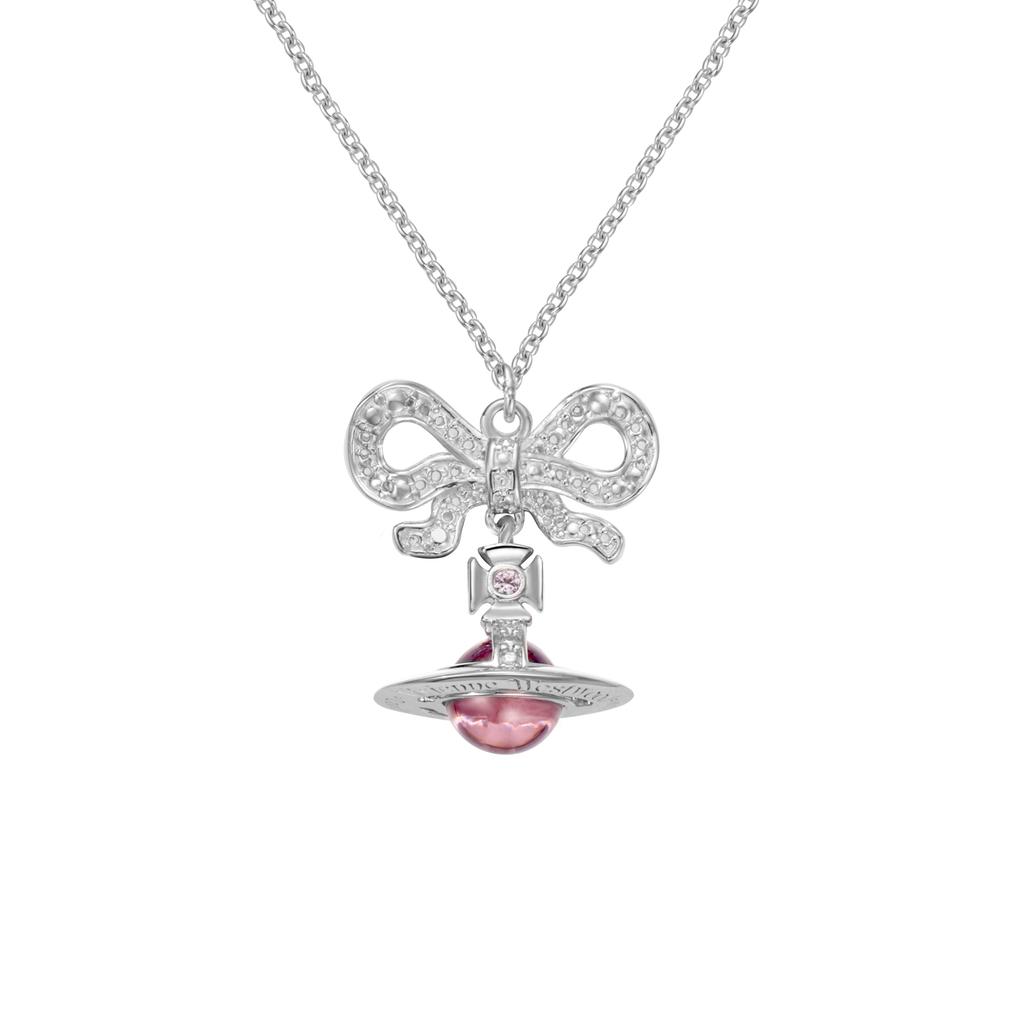 VIVIENNE WESTWOOD Octavie Bow Saturn Pendant Long Necklace Unisex Necklace Silver Pink 6302039G-01P356-SM