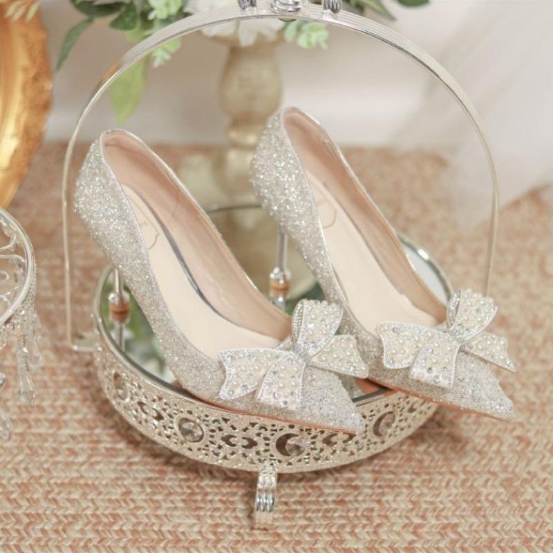Fashion Silver Wedding Shoes 2025 New Crystal Bow Fairy Style Bridesmaid Stiletto Heels