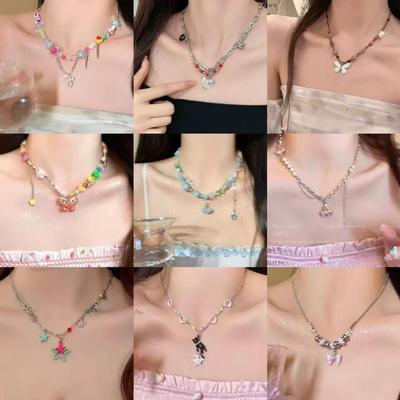 Candy Color Dopamine Necklace Female Versatile Niche Design Beaded Collarbone Chain Sweet Cool Girl Neck Chain Jewelry