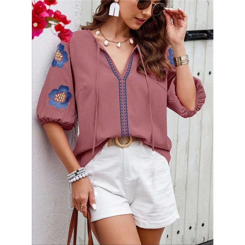 

Женская летняя рубашка нового стиля с полудлинными рукавами, с V-образным вырезом, в этническом стиле, с принтом, свободный топ XL розовый