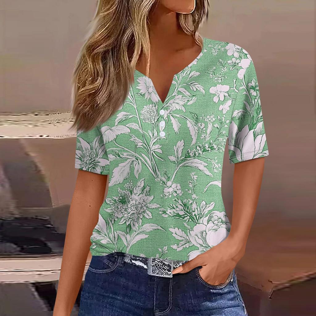 Women's T Shirt Tee Print Button Short Sleeve Daily Weekend Fashion Basic V- Neck Regular Top