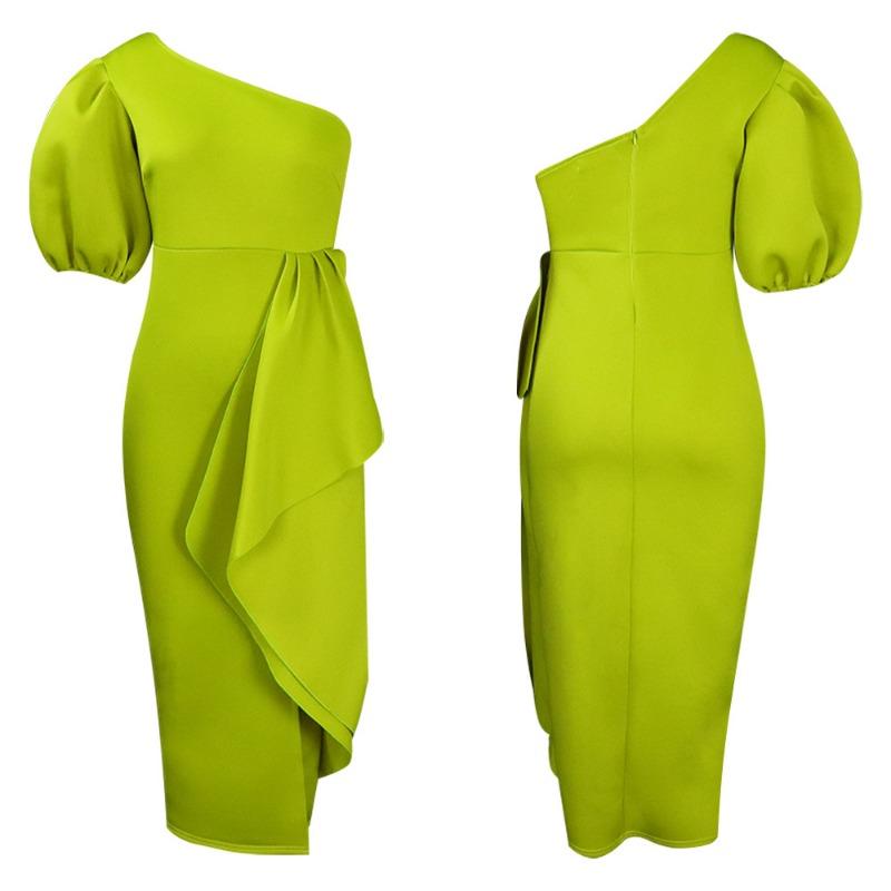 Abito da cocktail midi elegante da donna, monospalla, con maniche a sbuffo, vita alta e spacco