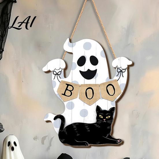 Vintage Style Holiday Wall Plaque Cute White Ghost Wooden Door Hanger Sign with Black Cat BOO Indoor Outdoor Banner Waterproof Halloween Front