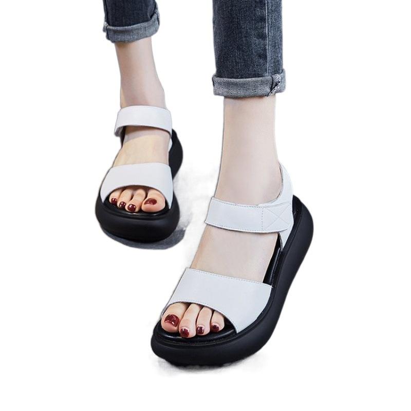 Real soft leather platform sandals women's 2025 summer new versatile Velcro wedge heel retro muffin Roman shoes