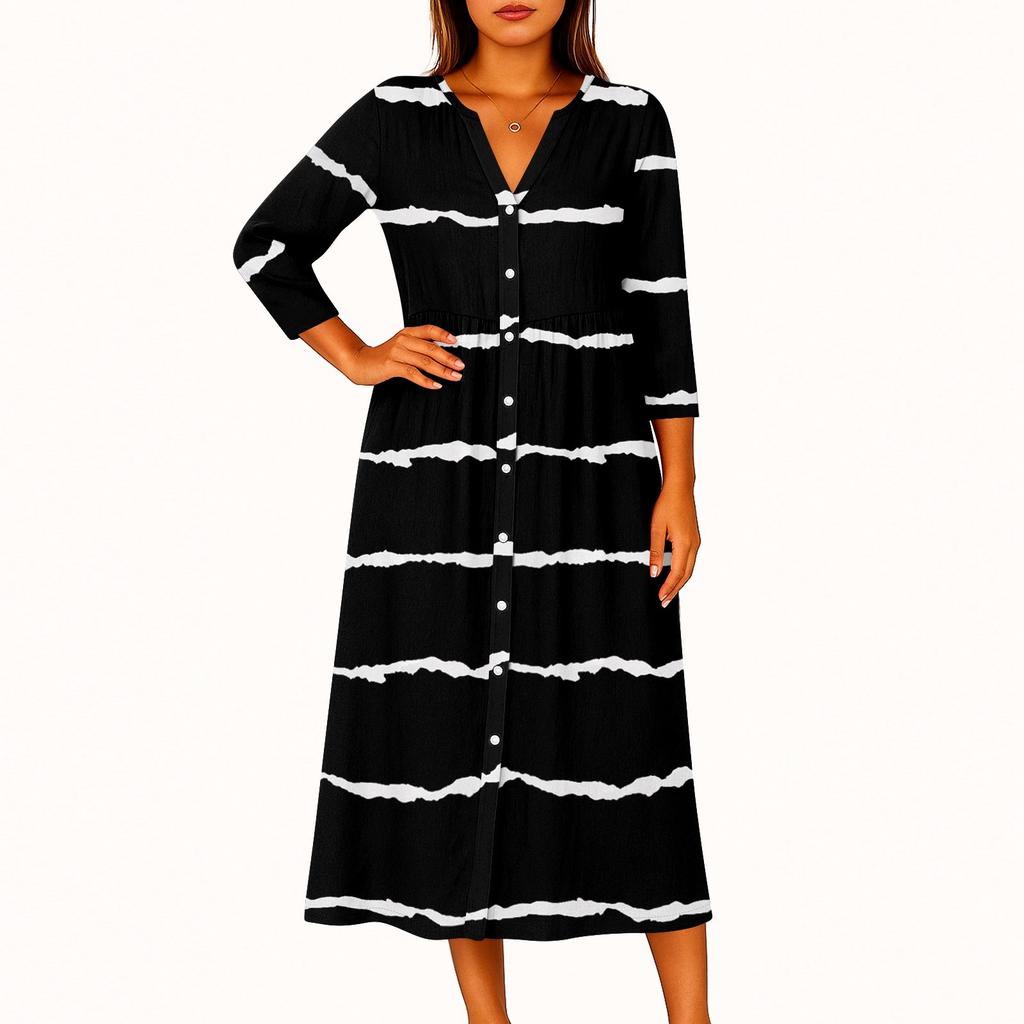 Damen Modisches Bedrucktes Rundhals Siebenviertelarm Knopf Lockeres Hemdkleid