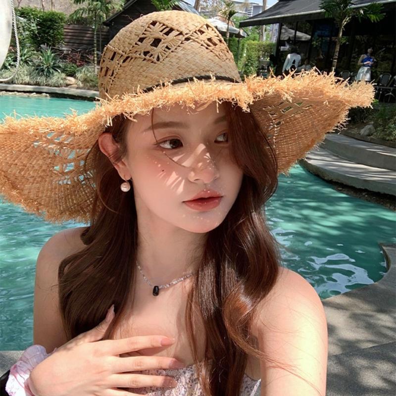Elegant Raffia Sun Hat With Wide Brimmed And Breathable Openwork Design For Beach Vacation And Outdoor Activities