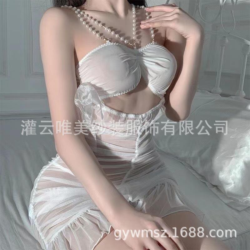 Sex underwear women's hot perspective mesh yarn seduction pearl suspender nightdress pure lace pleated mesh hip skirt