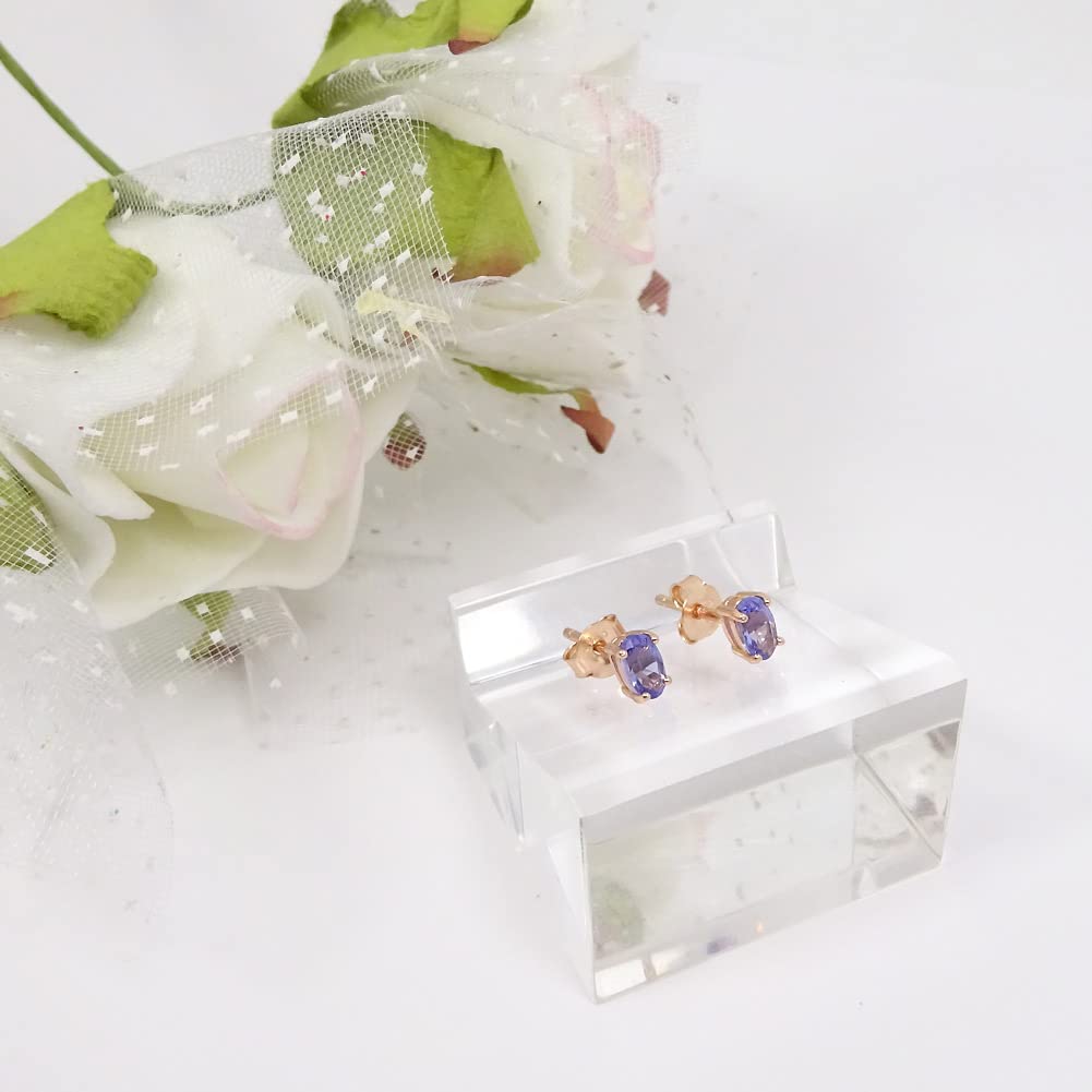 Tanzanite Stud Earrings, Estimated 0.4 Carat, Oval Mix Cut, Sterling Silver with Pink Gold Finish [December Birthstone] [Gift Wrapping Available]