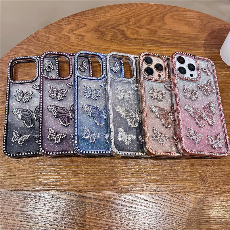 For iPhone 16 Pro Max Luxury Flash Glitter Butterfly Plating Frame Phone Case For iPhone 11 12 13 14 15 16 Plus Rhinestone Cover
