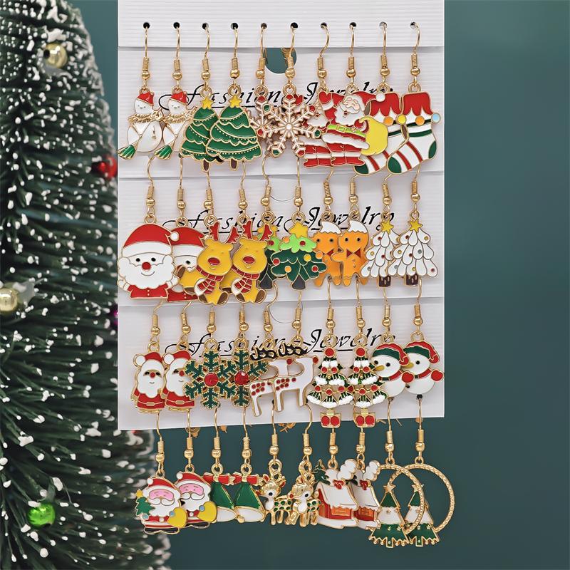 5 Pairs Christmas Earring Set For Women Cartoon Dripping Oil Santa Claus Snowflake Xmas Tree Elk Earrings New Year Party Jewelry