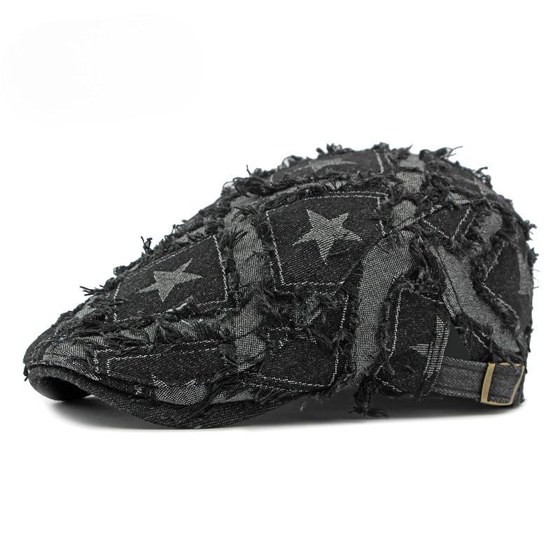 Vintage Star Print Distressed Denim Beret for Men Women Frayed Edge Streetwear Flat Cap Retro Newsboy Hat Adjustable Peaked Cap Individual Style