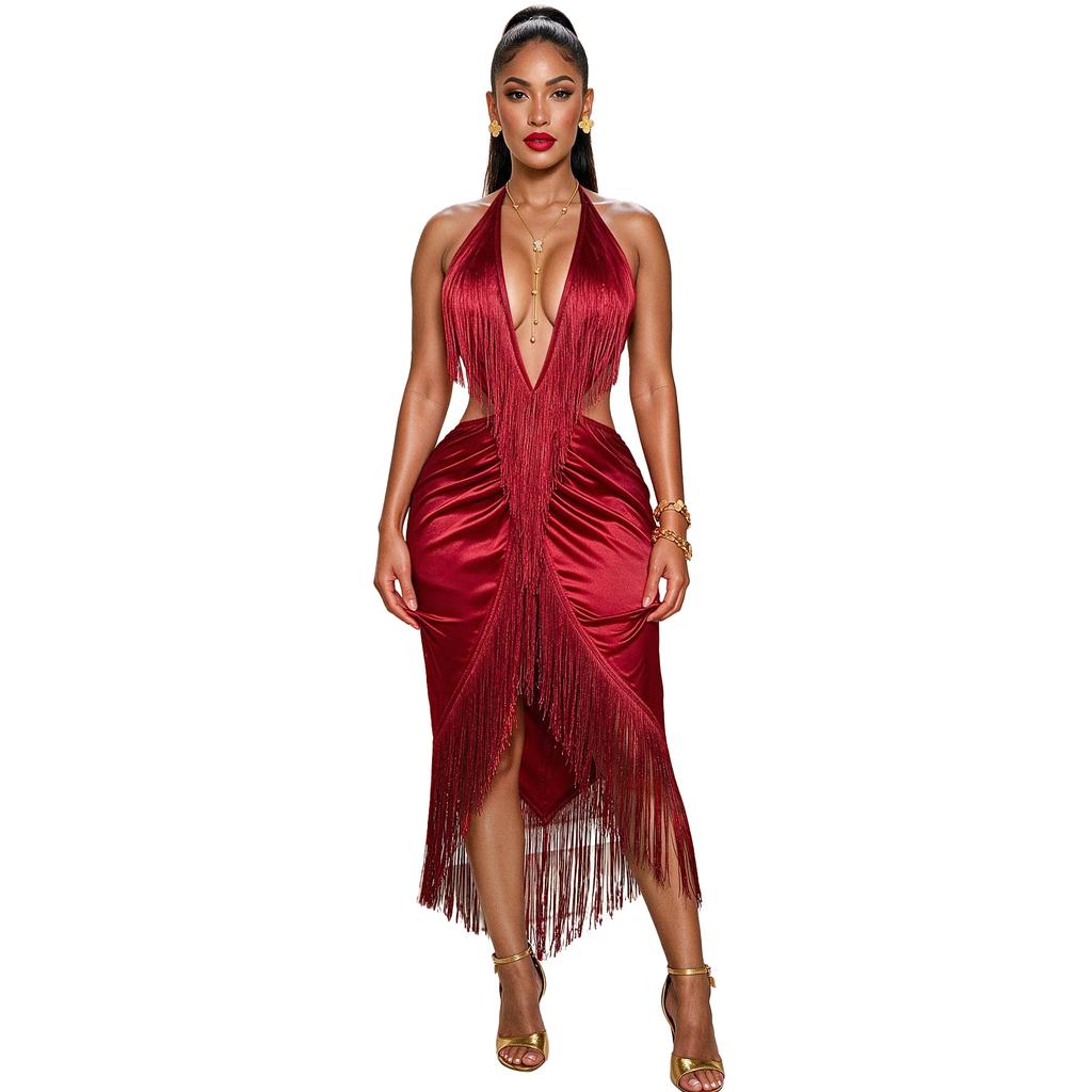 Fringe Dress Halter Backless Asymmetrical Party Gown Tassel Midi Dress