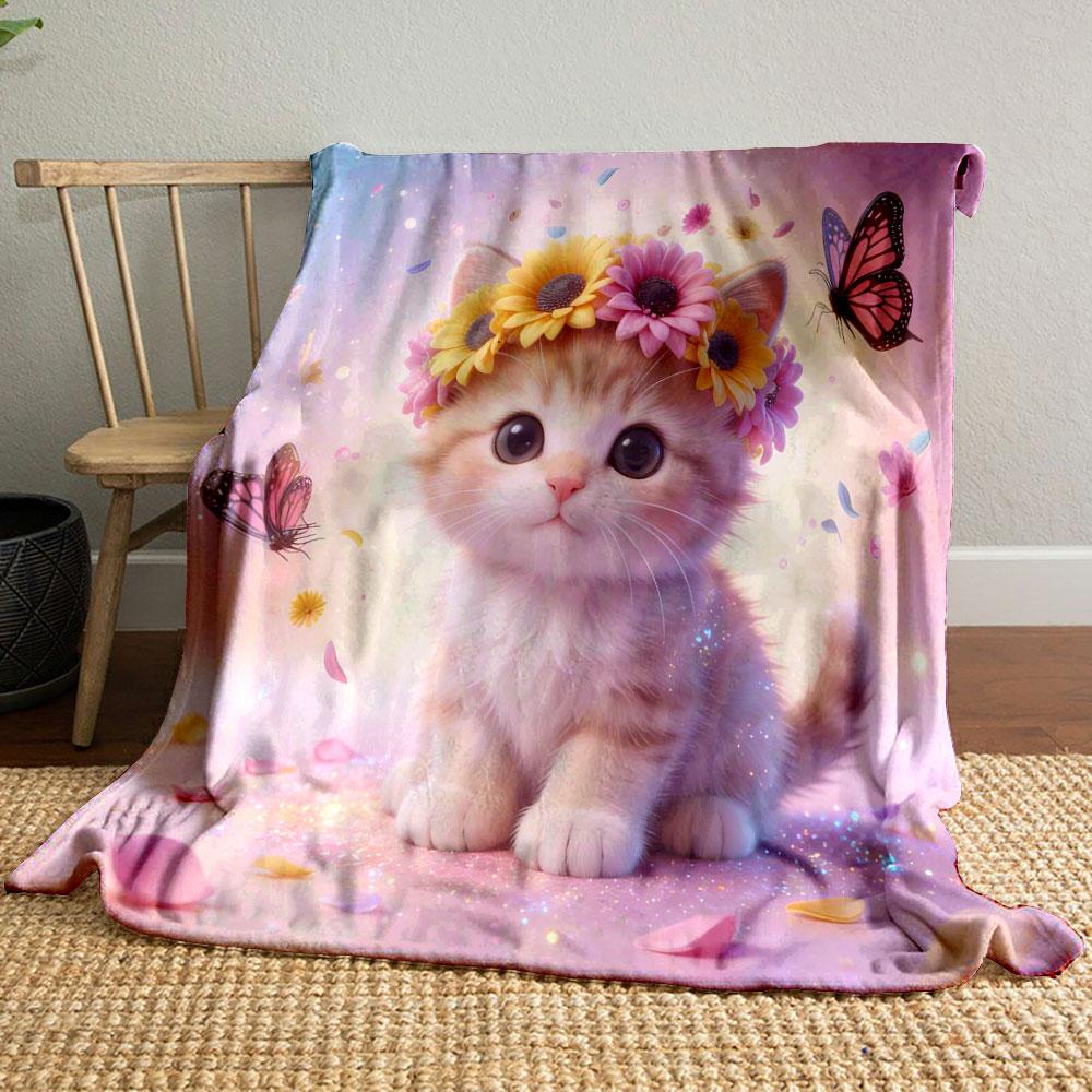 Pink Animal Wearing A Flower Wreath Printed Blanket, All-Season Multi-Use for Nap, Camping, Travel, Car, Sofa Luxury Gift